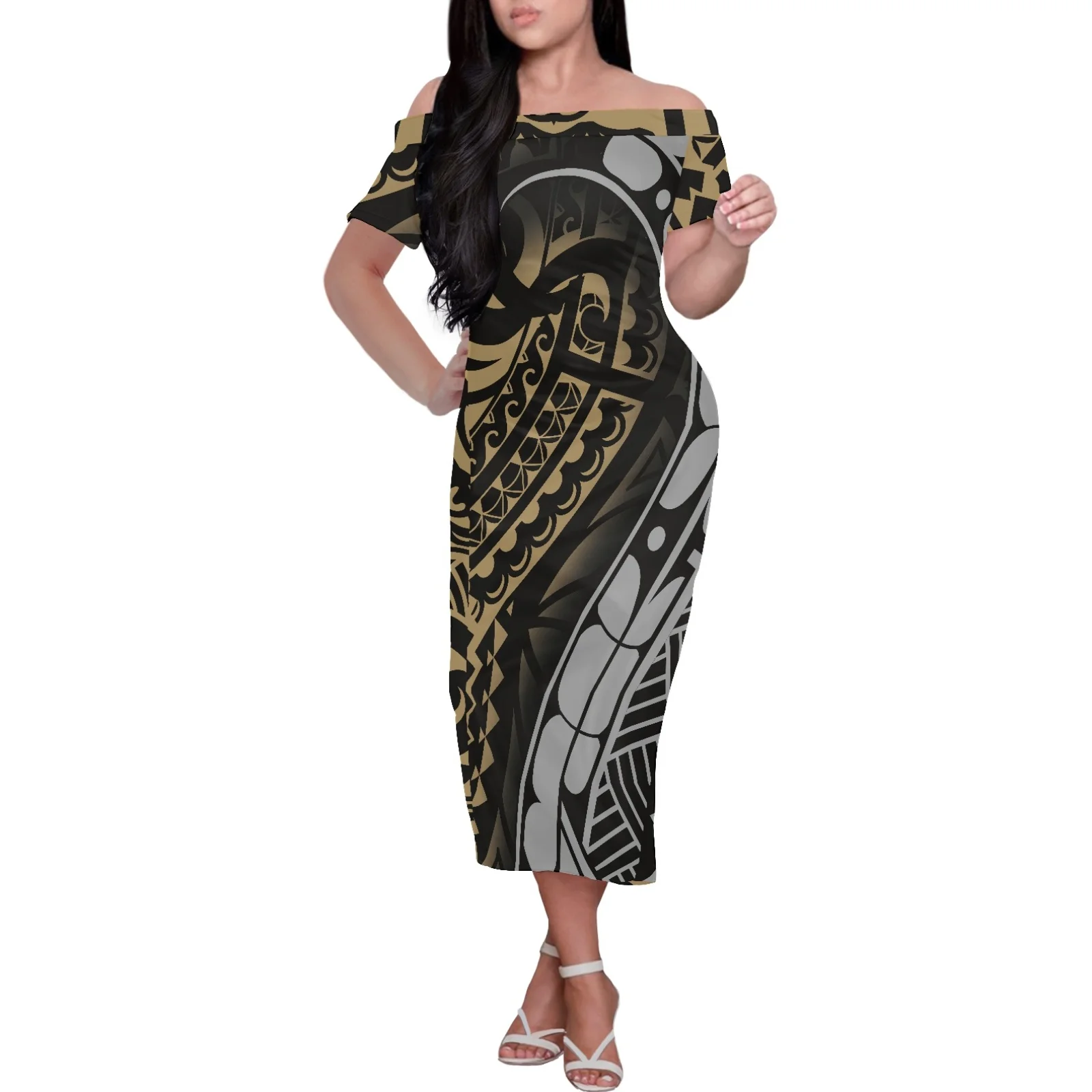 

Fashion Short Sleeve Close-fitting Off Shoulder Dress Polynesian Tribal Puletasi Tattoo Printing Formal Occasions Maxi Dress