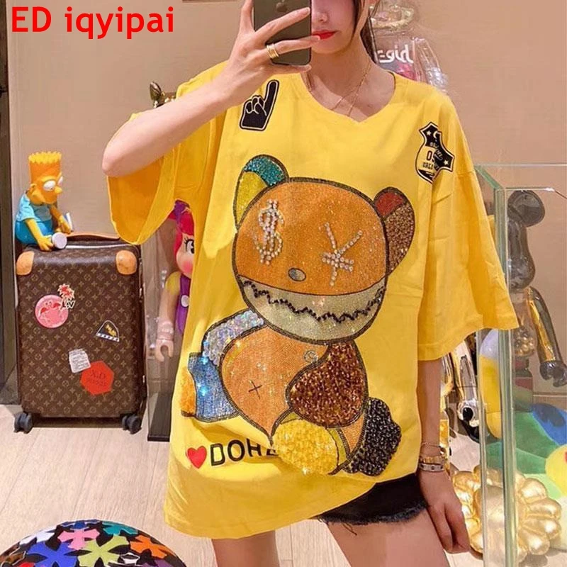 

ED iqyipai European Goods Fat MM Extra Large Women's Wear Heavy Industry Hot Drill bear Loose Top Short Sleeve T-shirt Female