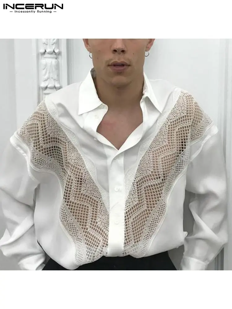 

Мужская сетчатая рубашка INCERUN в стиле пэчворк, с отложным воротником и длинным рукавом, уличная одежда, Прозрачная Сексуальная Повседневная...