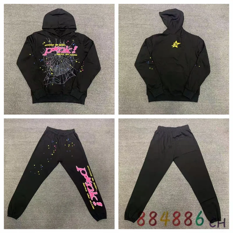 

Black Terry Cloth Sp5der Hoodies Sports Suit Men Women Cobweb Graphic Print Sp5der 555555 Hooded Sweatshirts Streetwear Pullover
