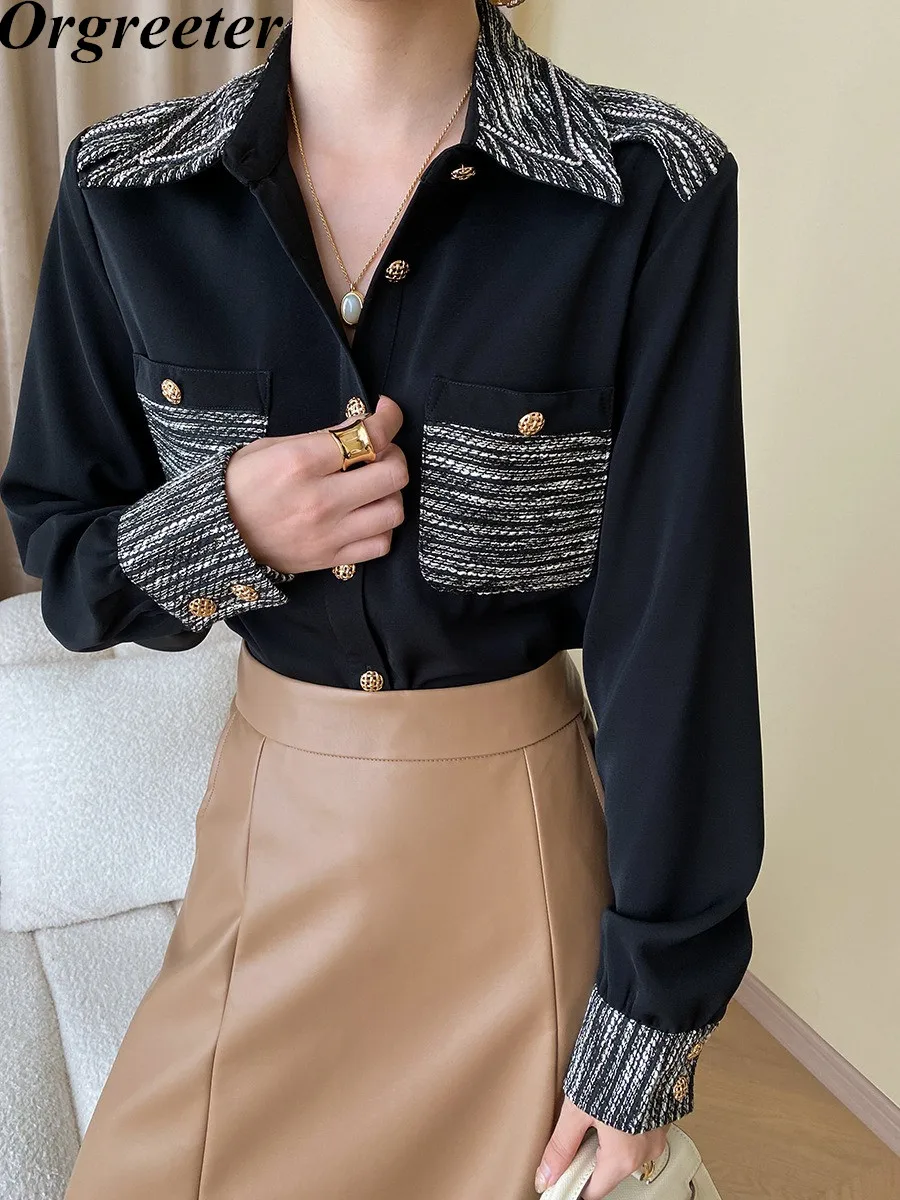 High Quality Small Fragrance wind Tweed Patchwork Chiffon Shirt Blusas Female 2023 Autumn New Fashion Long Sleeve Blouse
High Quality Small Fragrance wind Tweed Patchwork Chiffon Shirt Blusas Female 2023 Autumn New Fashion Long Sleeve Blouse