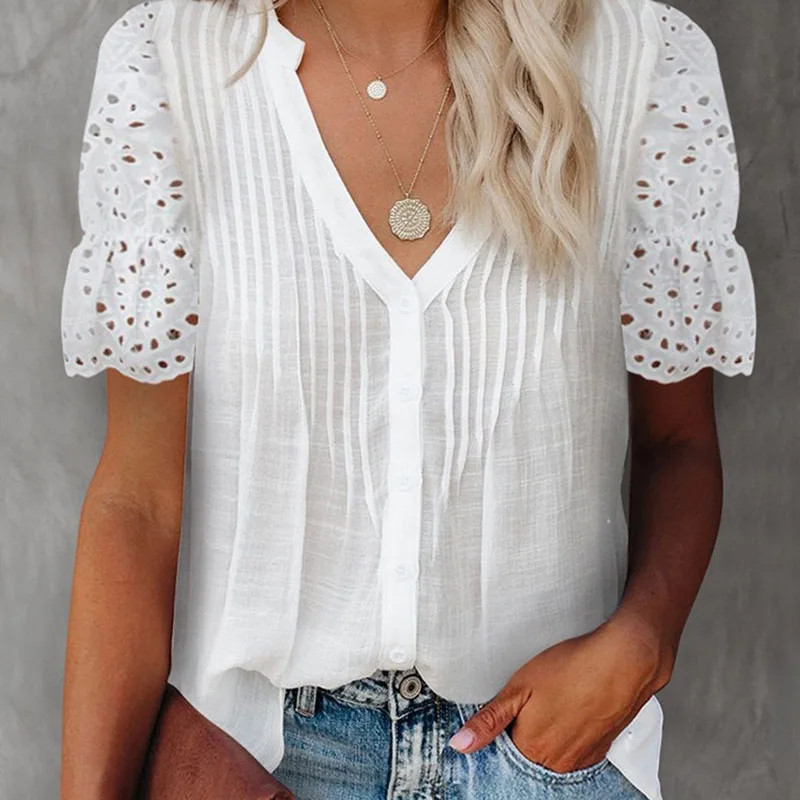 Summer Women Pullover Shirt Fashion V-Neck Hook Flower Hollow Out Lace Patchwork Short Sleeve Blouse Lady Casual Loose White Top
Summer Women Pullover Shirt Fashion V-Neck Hook Flower Hollow Out Lace Patchwork Short Sleeve Blouse Lady Casual Loose White Top