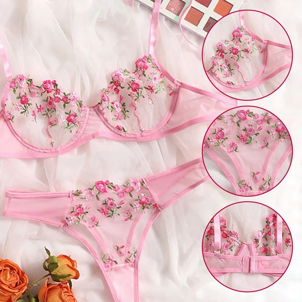 Women Lace Pink Flower Embroidery Bra Thong Underpants 2pcs Set Sexy See Through Nightwear Pink Color Exquisite Lingerie
Women Lace Pink Flower Embroidery Bra Thong Underpants 2pcs Set Sexy See Through Nightwear Pink Color Exquisite Lingerie
