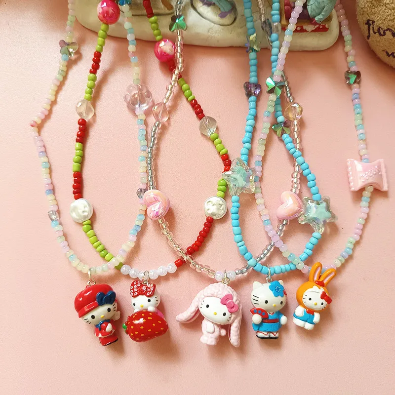 Мультяшное ожерелье Sanrio с бусинами Hello Kitty Kawaii Клубничный Кролик Kt короткое