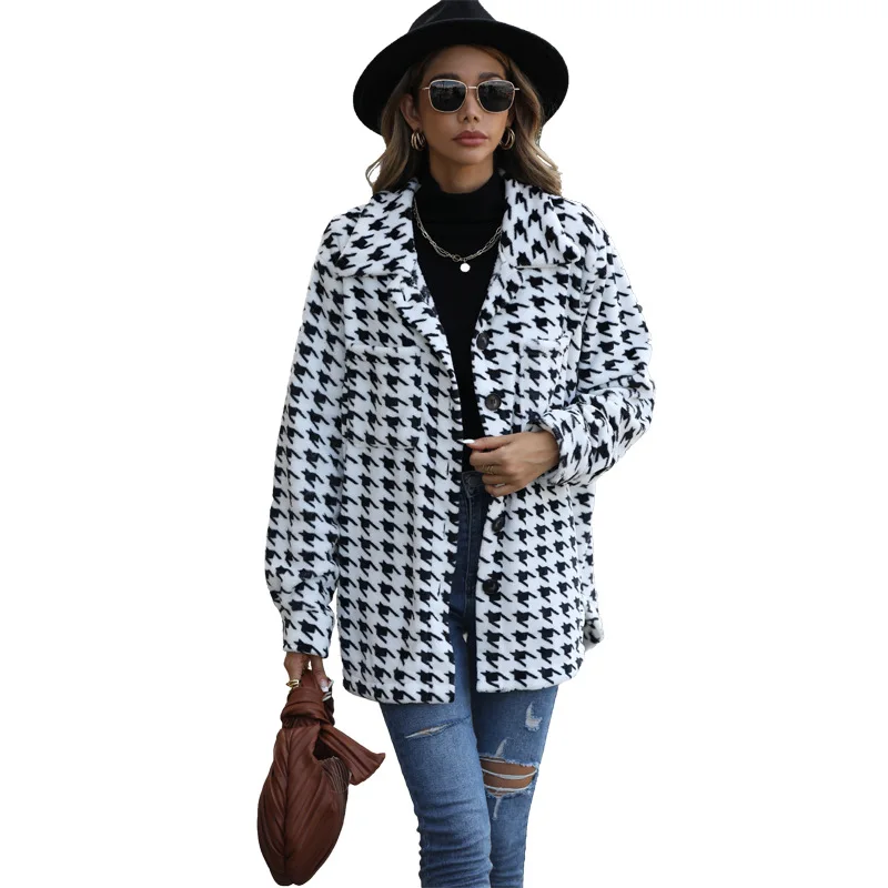 Autumn New Casual Plush Long Sleeve Loose Thousand Bird Grid Medium Long Suit Collar Coat Women 
Autumn New Casual Plush Long Sleeve Loose Thousand Bird Grid Medium Long Suit Collar Coat Women
