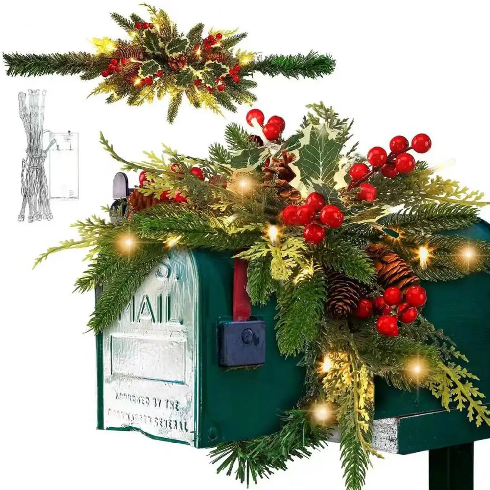 

Многоразовый венок для почтового ящика, Светодиодный светящийся Рождественский венок для почтового ящика, сосновый конус, ягоды, зеленые листья, Искусственный для дома и улицы, для праздника