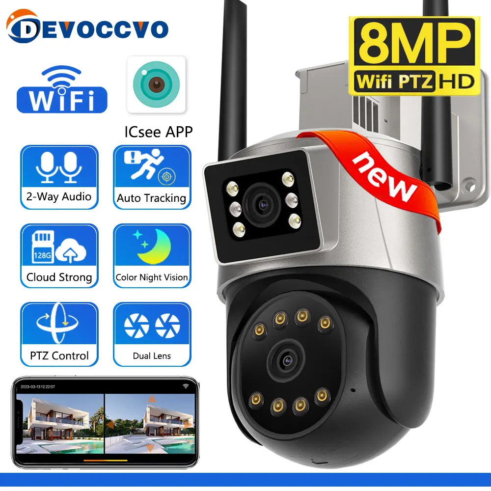HD 8MP PTZ WiFi Camera Dual-Lens Dual Screen Multiple Views Human Detect Smart Security Cameras Outdoor Waterproof Night Vision
HD 8MP PTZ WiFi Camera Dual-Lens Dual Screen Multiple Views Human Detect Smart Security Cameras Outdoor Waterproof Night Vision