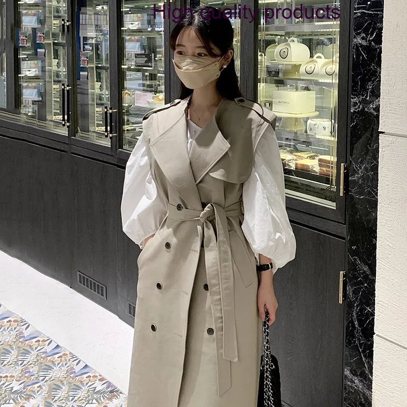 

Spring Korean Autumn Traf Women'S Coat 2023 Polo Neck Double Button Sleeveless Simple Lantern Sleeve Even Windbreaker