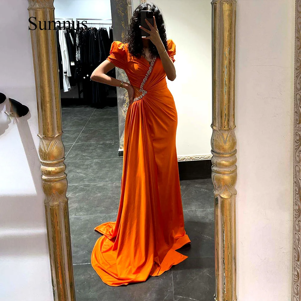 Sumnus Orange Mermaid Saudi Arabia Evening Dresses Short Sleeve Beading V Neck Satin Long Formal Dubai Evening Party Gowns 2023
Sumnus Orange Mermaid Saudi Arabia Evening Dresses Short Sleeve Beading V Neck Satin Long Formal Dubai Evening Party Gowns 2023