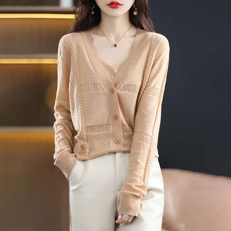Spring Autumn Woman's Tops T-Shirt Long Sleeve V-Neck Cardigan Sexy Hollow Coats Jacket 100% Wool Knitted Jumper Women Sweat
Spring Autumn Woman's Tops T-Shirt Long Sleeve V-Neck Cardigan Sexy Hollow Coats Jacket 100% Wool Knitted Jumper Women Sweat