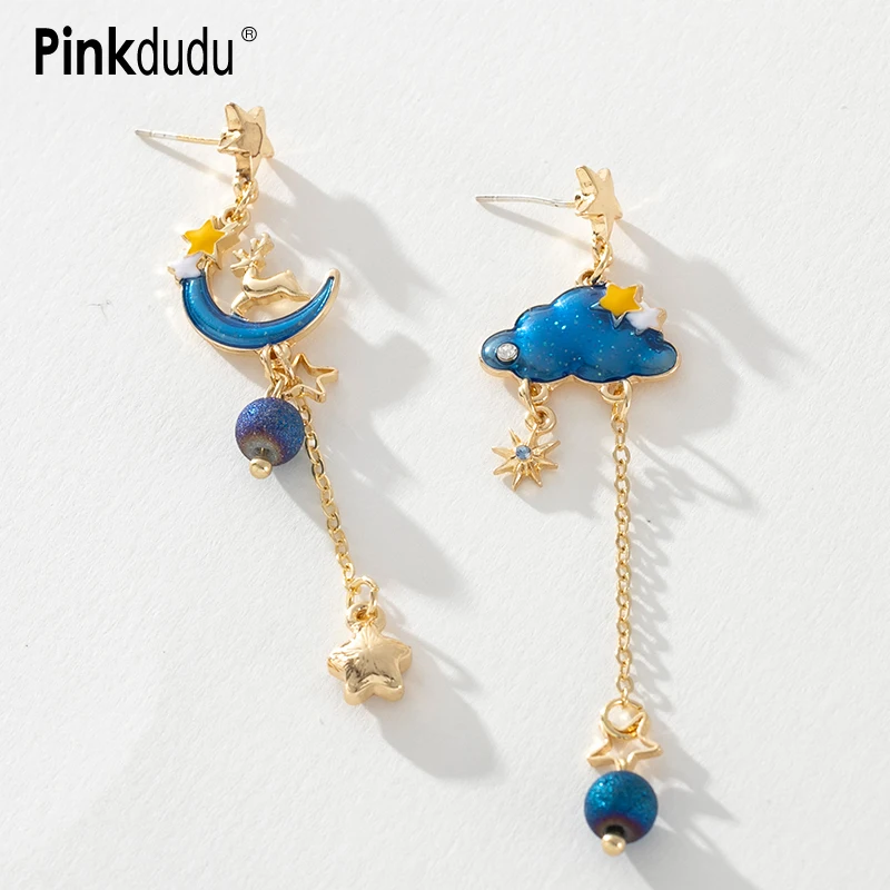 

Pinkdudu Star Moon Asymmetrical Dangle Earrings for Women Cute Girl Blue Cloud Long Tassel Stud Earring Jewelry Gifts PD404