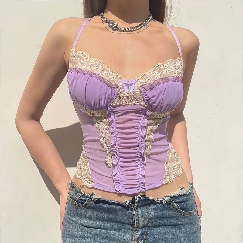 

Y2k Lace Patchwork Purple Coquette Mesh Corset Women Sexy Backless Criss-cross Halter Camis Sweet Aesthetic Crop Top