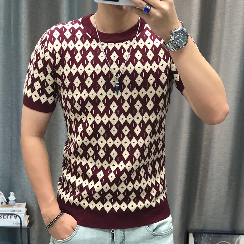 

Lattice Check Contrast Knit T-Shirt High Elasticity Short Sleeve Slim Bottomed Tshirt Men Top Quality Streetwear Knitted Top