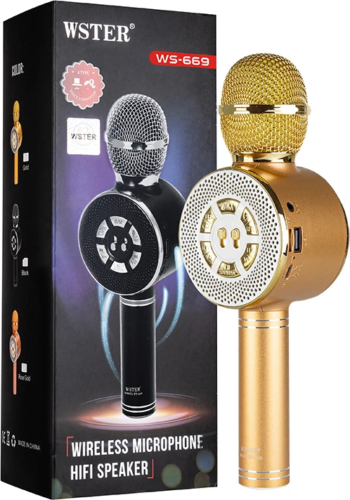 

Караоке колонка с микрофоном WS-669 микрофон для караоке bluetooth, 4 голоса, подсветка, золотой