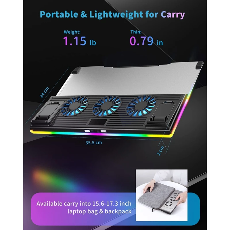 

Laptop Cooling Pad, Aluminum Laptop Cooler Fan For 10-15.6 Inches, 10 Modes RGB Colors Light, 3 Heights Stand (A9)