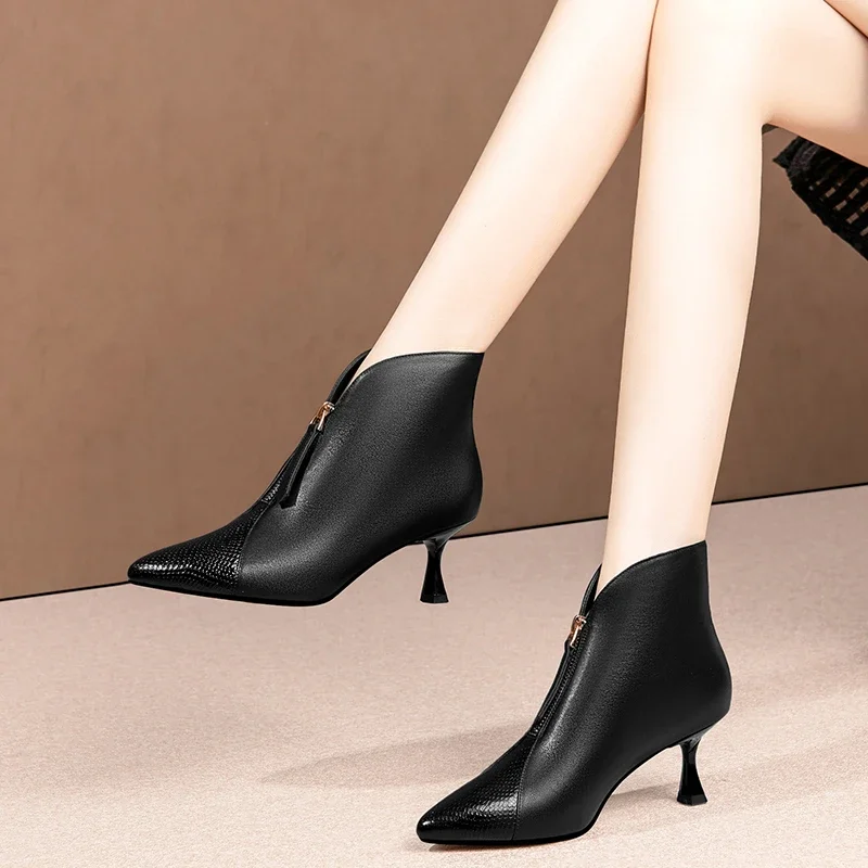 

Женские брендовые ботинки на молнии, модные однотонные привлекательные офисные и деловые ботильоны с острым носком на тонком каблуке, 2023