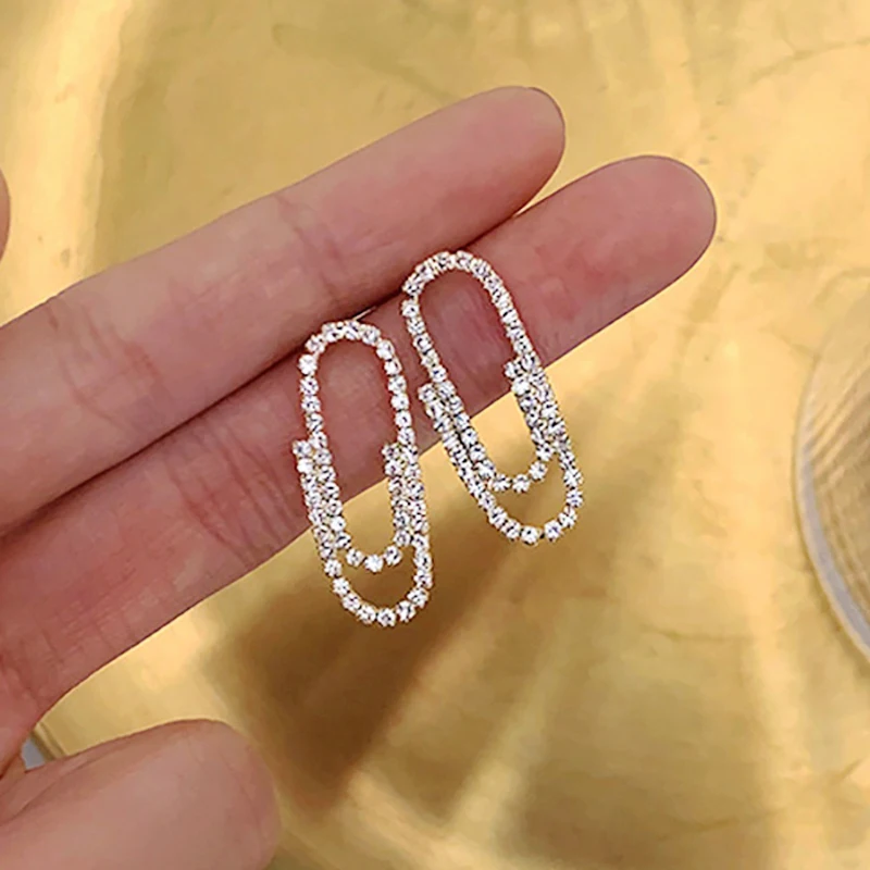 

2022 Trendy Kroean Paperclip Earrings Inlaid AAA Rhinestones S925 Silver Needle Feminia Earrings for Women Anniversary gift