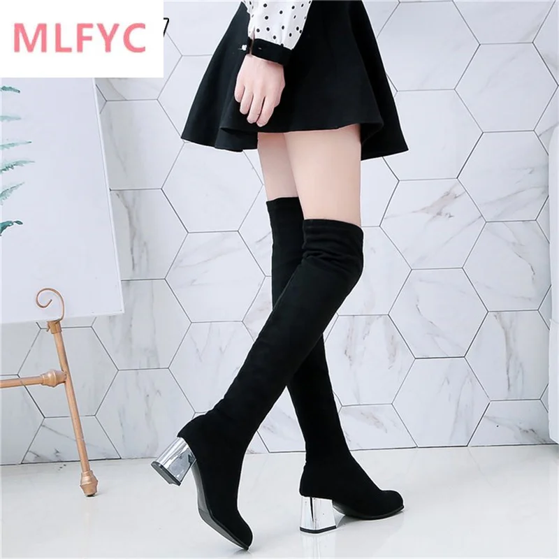 

Autumn winter thick-heeled knitted elastic over-the-knee boots women's pointed toe high-heeled woolen boots factory wholesale