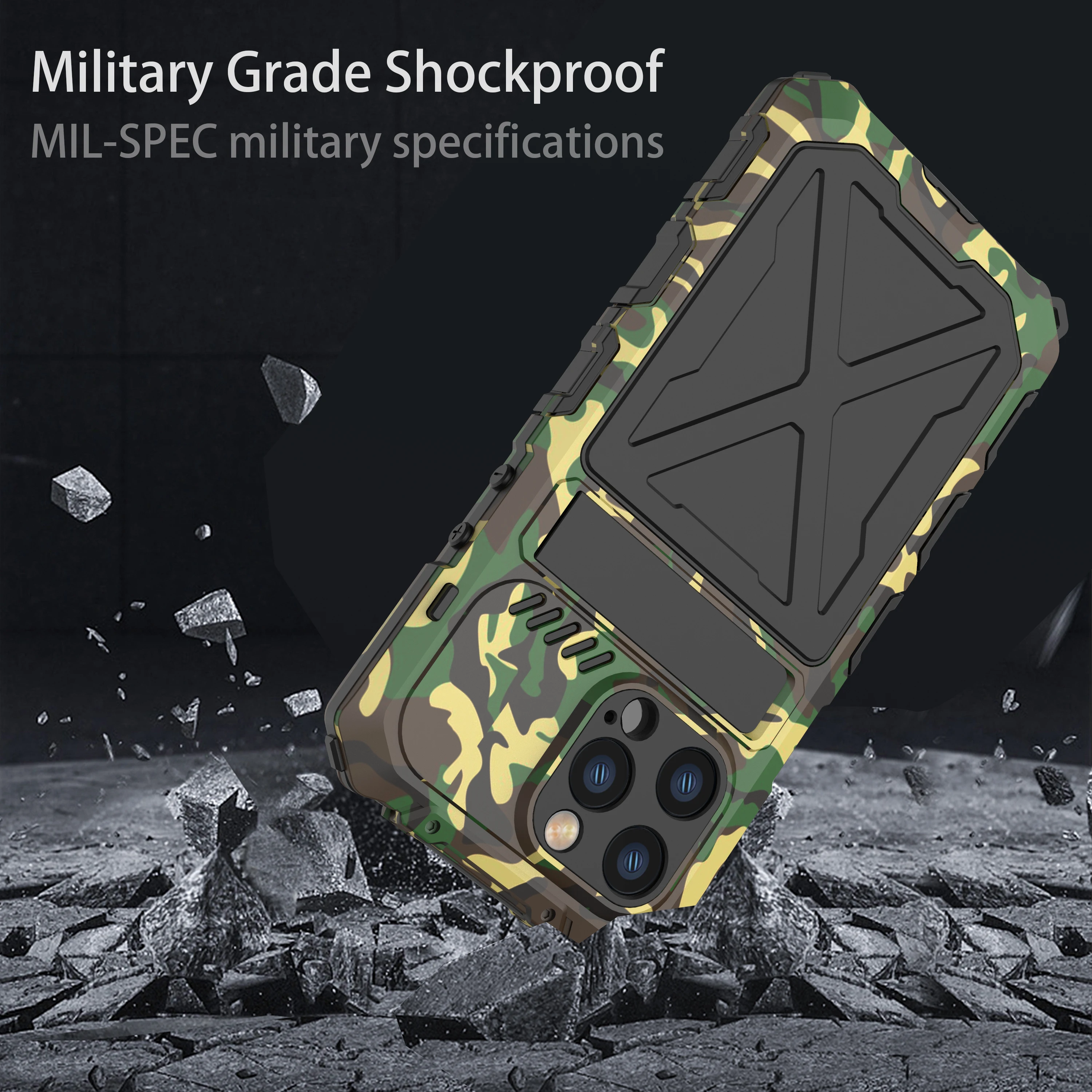 

Heavy Duty Metal Shockproof Armor Phone Case For Iphone 14 Pro Max 14 Plus 14 With Mechanical Kickstand Fully Wrapped Silica Gel