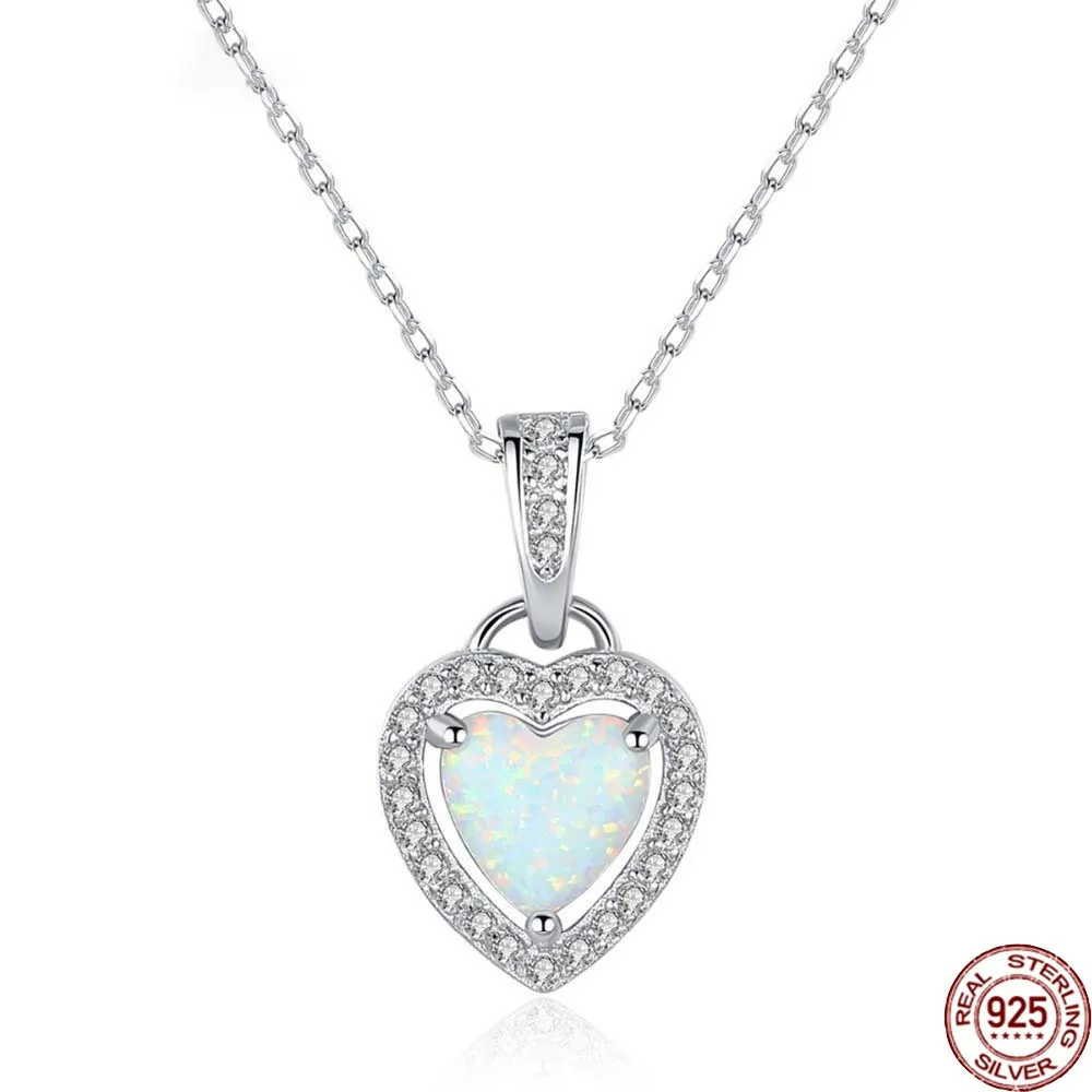 

BABIQU 925 Sterling Silver Heart Fire Opal Pendant Necklace for Women Sparkling Love Necklace Fine Jewelry Valentine's Day Gifts