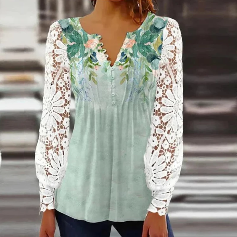 Fashion Hollow Out Stitching Lace Blouse Women Long Sleeve Spring V Neck Elegant Printing Shirts Female Blusas Ladies Tops 24817
Fashion Hollow Out Stitching Lace Blouse Women Long Sleeve Spring V Neck Elegant Printing Shirts Female Blusas Ladies Tops 24817