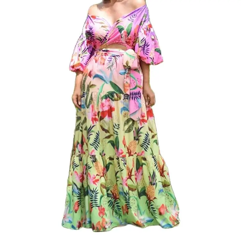 Женское платье макси с открытыми плечами, Длинное свободное Повседневное платье большого размера 2XL с V-образным вырезом и принтом, лето 2022 
Женское платье макси с открытыми плечами, Длинное свободное Повседневное платье большого размера 2XL с V-образным вырезом и принтом, лето 2022