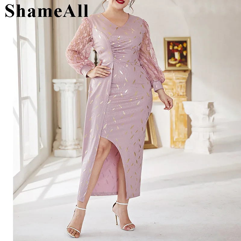 Plus Size Gold Printing Split Pink Prom Evening Party Dress 4xl Lace Long Sleeve Patchwork Elegant Women Gowns Birthday Dresses
Plus Size Gold Printing Split Pink Prom Evening Party Dress 4xl Lace Long Sleeve Patchwork Elegant Women Gowns Birthday Dresses