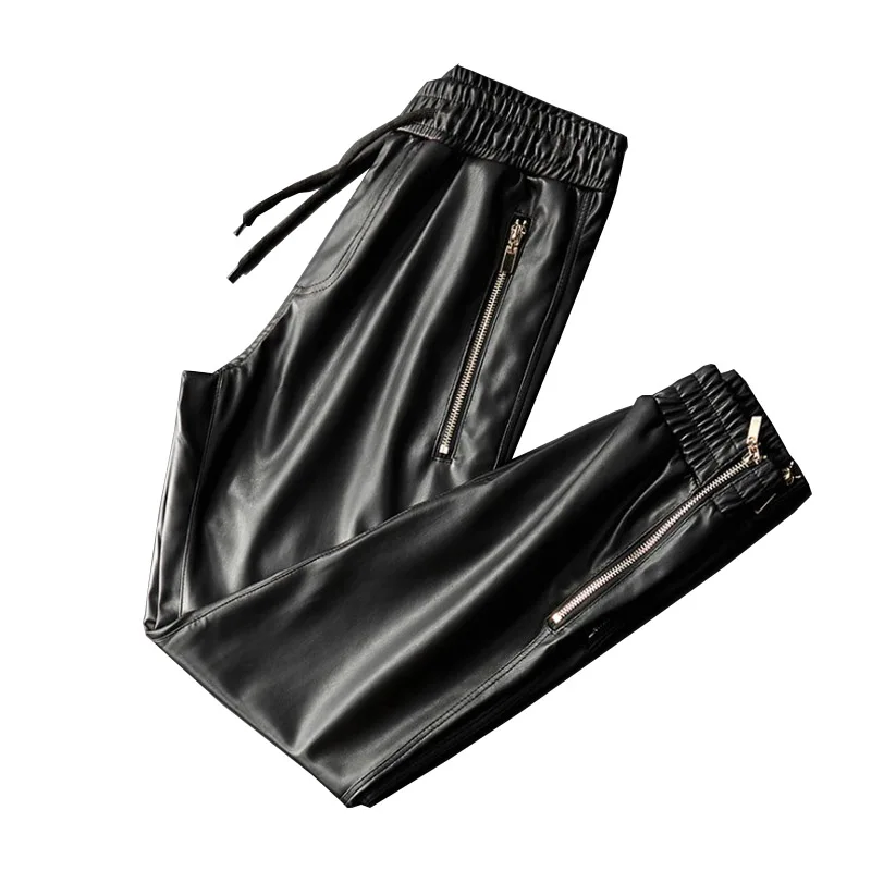 

Men Faux Leather Jogger Pants Elastic Wasit Motorcycle Harem Trousers For Male Zipper Pockets
