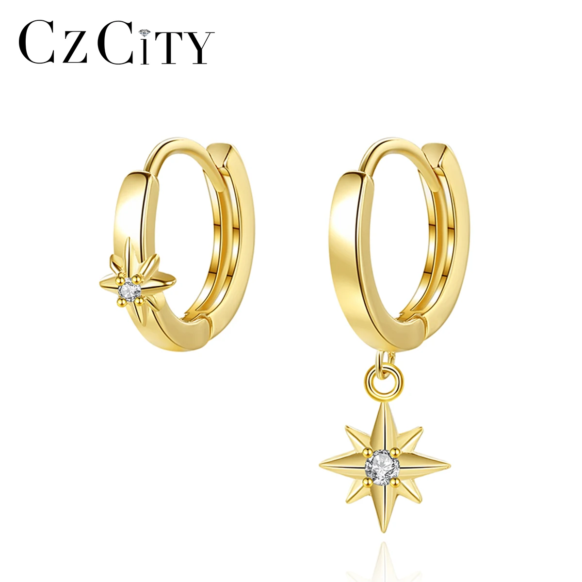 

CZCITY Asymmetrical 925 Sterling Silver Hoop Earrings for Women Real 14K Gold Plated Luxury Trend Girl Party Unusual Accessories