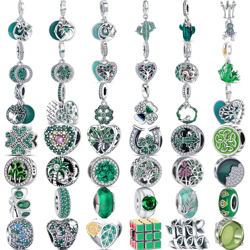 

925 Silver Green Murano Glass Four Leaf Clover Family Tree Sparkling Pavé Beads Fit Original Pandora Charms Bracelet DIY Jewelry