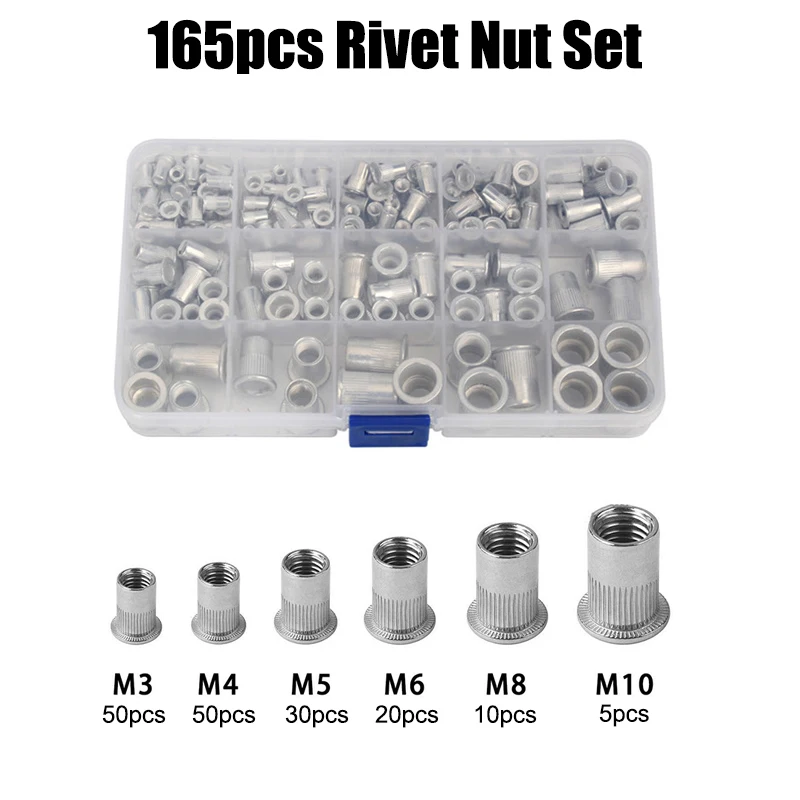 

165pcs Rivet Nut Set Aluminum M3 M4 M5 M6 M8 Rivet NutsInsert Rivets Multi Size Flat Head Rivet Nuts Set