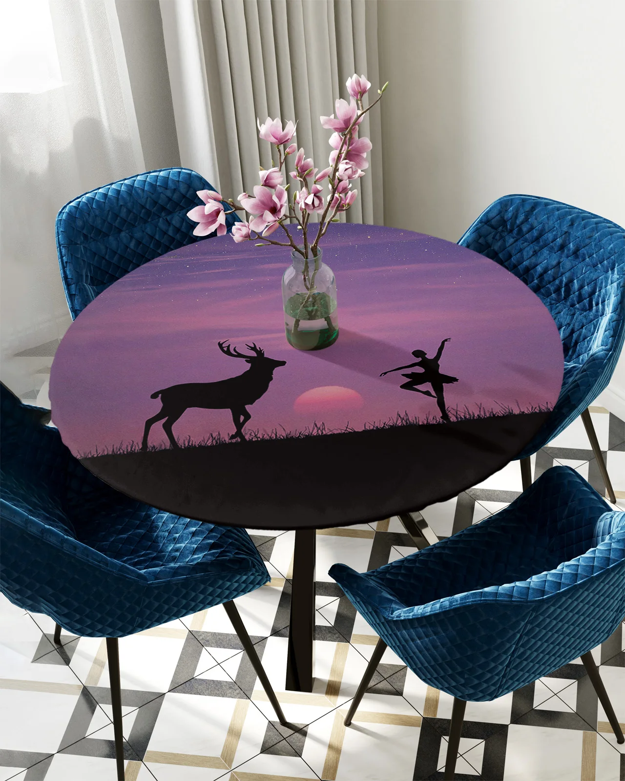

Grassland Deer Girls Dance In The Starry Sky Round Tablecloth Waterproof Elastic Tablecloth Home Kitchen Dining Room Table Cover