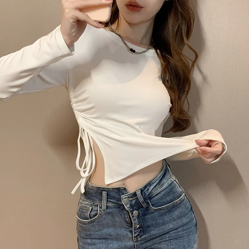 White Tshirt Pure Desire Style Slim Long Sleeve T Shirt Women's 2022 New Design High Waist Side Open Drawstring Bottoming Top
White Tshirt Pure Desire Style Slim Long Sleeve T Shirt Women's 2022 New Design High Waist Side Open Drawstring Bottoming Top