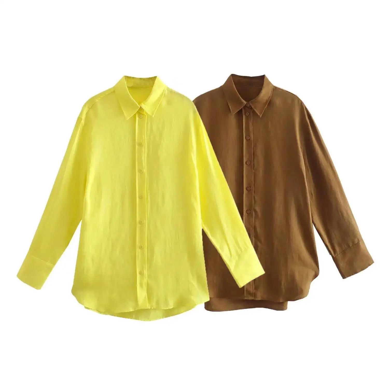 

European and American Pb & Za summer new hem split asymmetric Lapel long sleeve loose linen shirt (female)