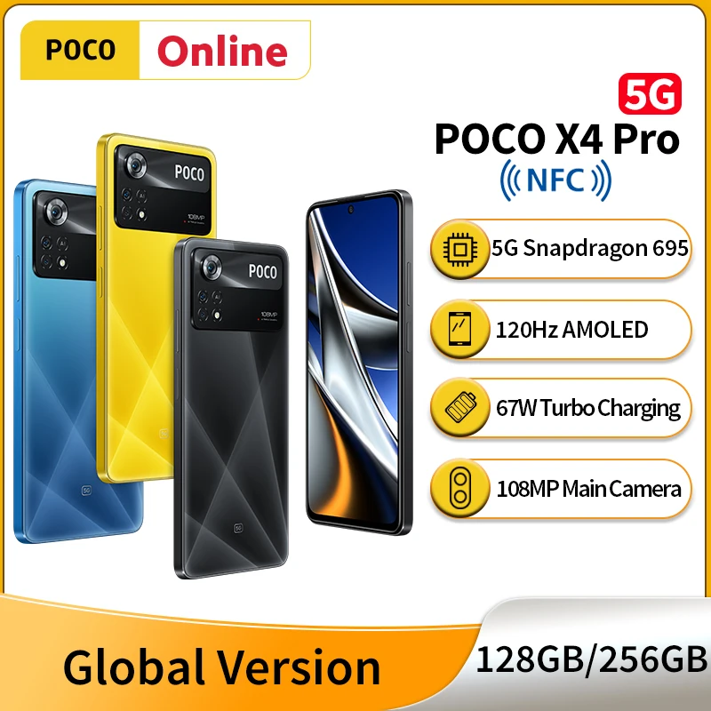 POCO X4 Pro 5G 128GB/256GB Global Version Smartphone 108MP Camera 120Hz AMOLED DotDisplay 67W Turbo Charging NFC Snapdragon 695
POCO X4 Pro 5G 128GB/256GB Global Version Smartphone 108MP Camera 120Hz AMOLED DotDisplay 67W Turbo Charging NFC Snapdragon 695