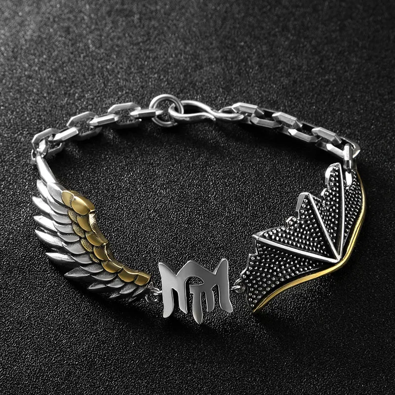 

QN серебряный браслет с крыльями ангела дьявола Мужской Ретро хип-хоп крутой стиль Ins корейский стиль Модные мужские Парные браслеты