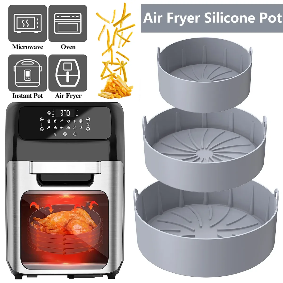 

Fryer Silicone Pot with Handle Reusable Air Fryers Oven Baking Tray Basket Mat Replacemen Grill Pan Kitchen Accessories