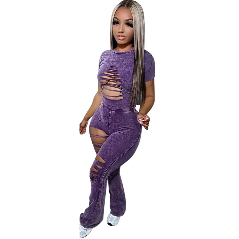 European And American Women's Clothing 2023 Summer New Wash Water Burn Flower Hole Short Sleeved Top Long Pants Casual Set
European And American Women's Clothing 2023 Summer New Wash Water Burn Flower Hole Short Sleeved Top Long Pants Casual Set