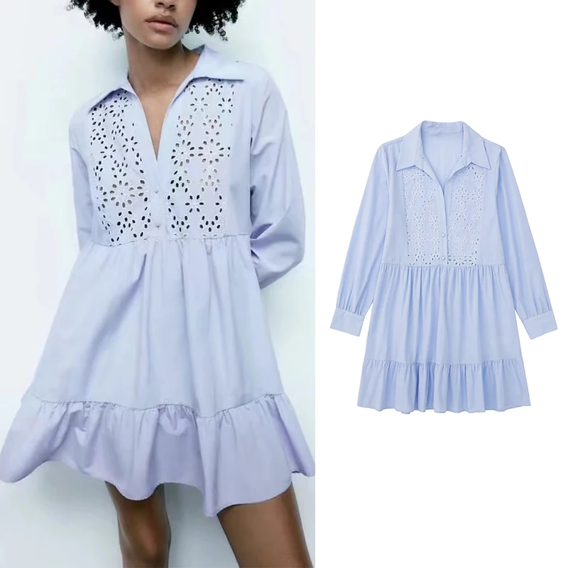 Autumn 2022 Women Blue Elegant Mini Dresses Long Sleeve Fashion Hollow Out Embroidery Female Turn-down Collar Dress Vestidos
Autumn 2022 Women Blue Elegant Mini Dresses Long Sleeve Fashion Hollow Out Embroidery Female Turn-down Collar Dress Vestidos