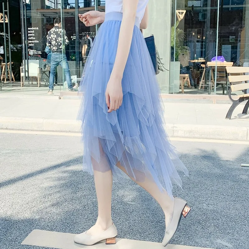 

Асимметричная Женская юбка весна-лето, черная, белая, бежевая, серая, розовая, синяя, фиолетовая Тюлевая юбка в Корейском стиле, сетчатая длинная юбка