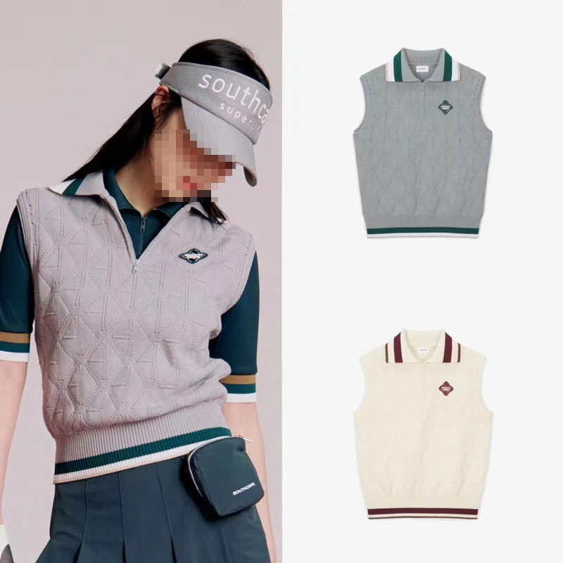 

Southcape Golf Clothes Ladies Knitted Vest 2023 Autumn New Half Zipper Lapel Hem Thread Checked Vest Sports Golf Sweater