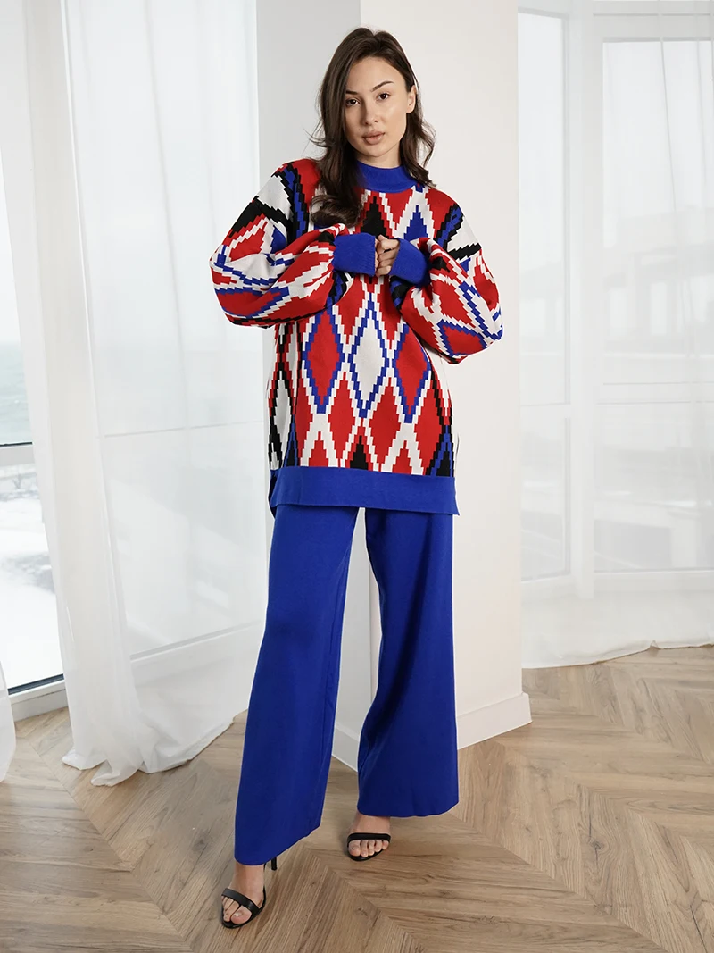 Lozenge Knitted Sweater Matching Sets Winter Loungewear Tracksuit 2 Piece Women Pants Suit Knit Two Piece Sets For Women 2023
Lozenge Knitted Sweater Matching Sets Winter Loungewear Tracksuit 2 Piece Women Pants Suit Knit Two Piece Sets For Women 2023