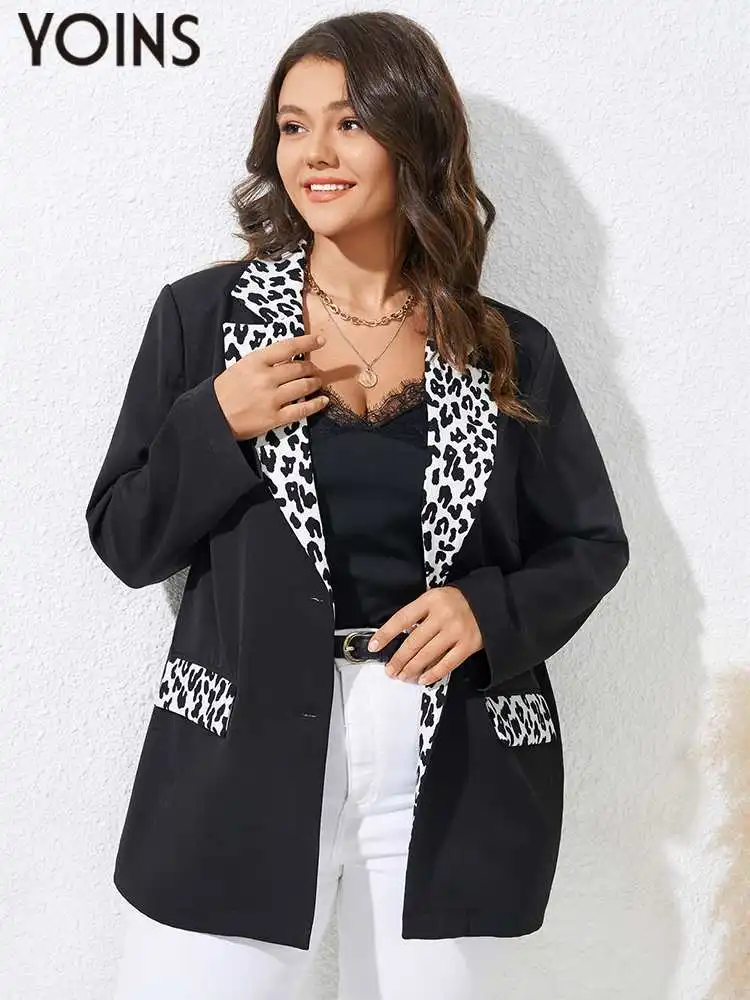 

YOINS 2023 Women Plus Size Outwear Fashion Blazer Autumn Long Sleeve Leopard Front Button Patchwork Elegant Lapel Collar Tops