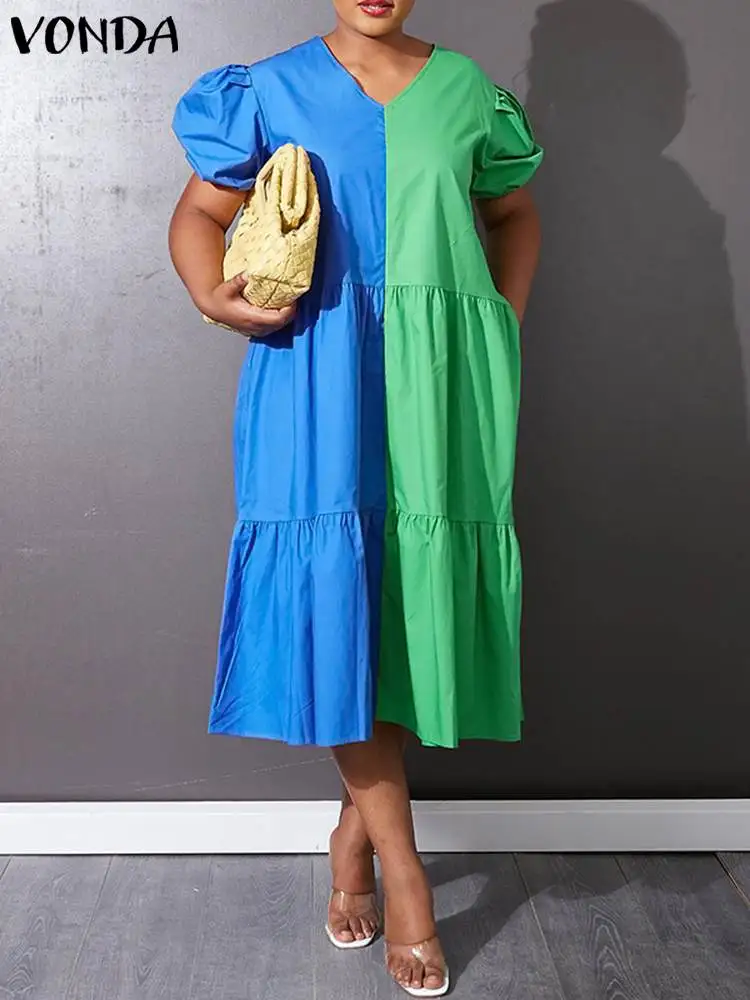VONDA 2022 Women Bohemian Spring Dress Femme Sexy V-Neck Casual Puff Short Sleeve Party Robe Color Patchwork Long Shirt Sundress
VONDA 2022 Women Bohemian Spring Dress Femme Sexy V-Neck Casual Puff Short Sleeve Party Robe Color Patchwork Long Shirt Sundress