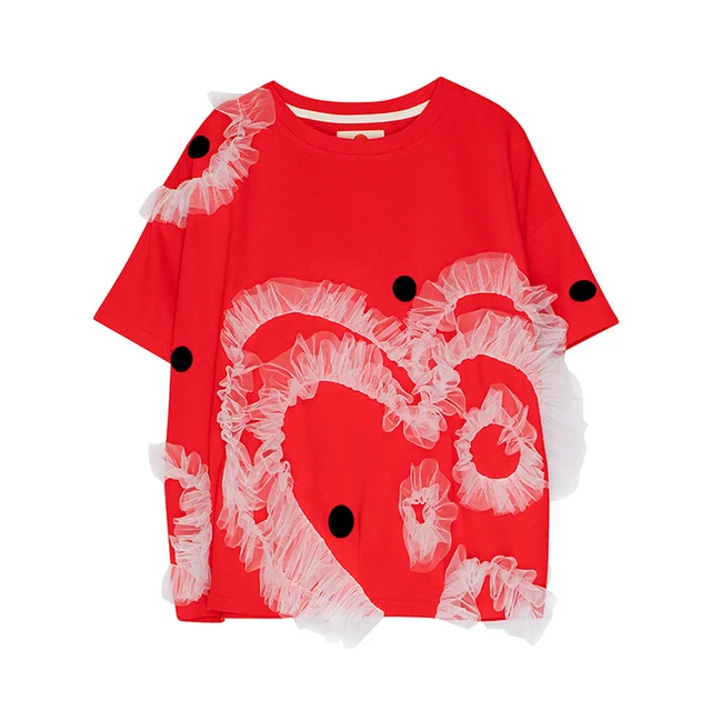 

Красная свободная оригинальная японская футболка большого размера в горошек с коротким рукавом женская тонкая летняя Новинка 192649