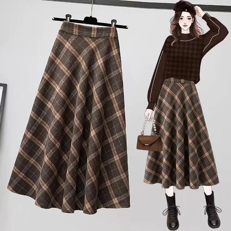 

Tweed plaid half body skirt female large size autumn and winter new fashion retro long section high waist a word umbrella skirt