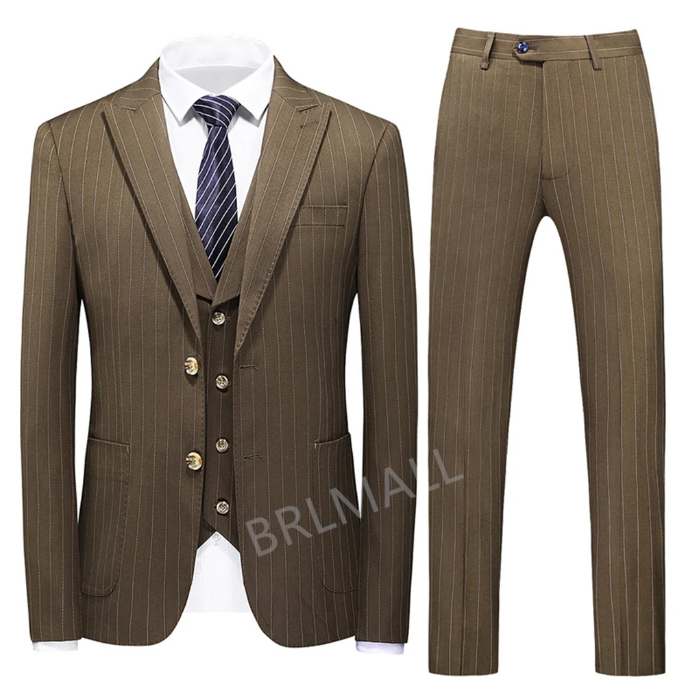 

Мужской однотонный костюм из трех предметов в полоску, куртка, жилет, брюки, смокинг, деловой костюм для мужчин, индивидуальный пошив, рабочая одежда