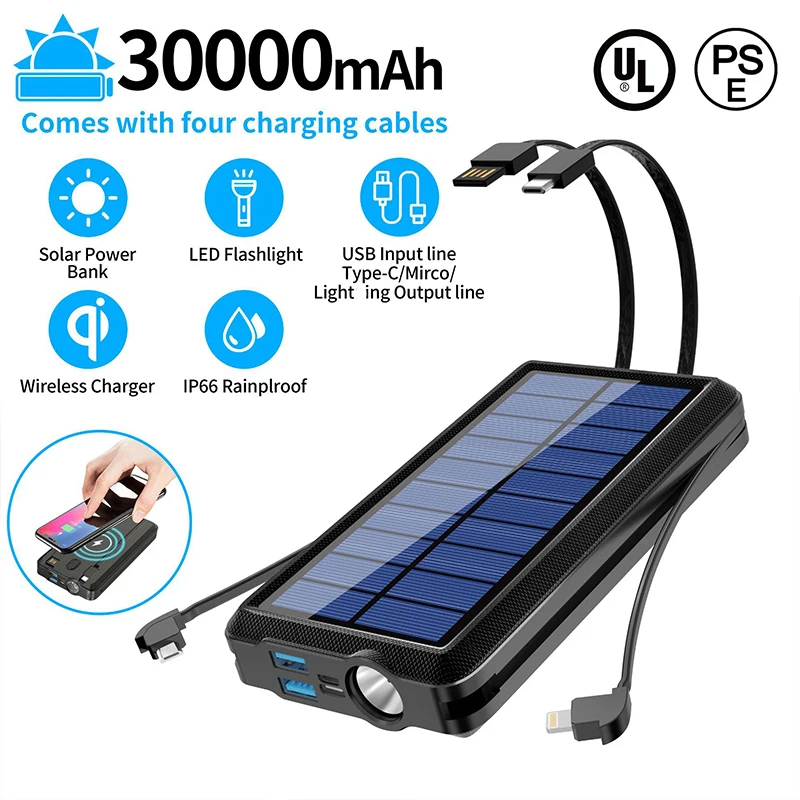 30000mAh Solar Power Bank Qi Wireless Charger Powerbank Built in Cable Portable Charger for iPhone 13 X Samsung Xiaomi Poverbank
30000mAh Solar Power Bank Qi Wireless Charger Powerbank Built in Cable Portable Charger for iPhone 13 X Samsung Xiaomi Poverbank