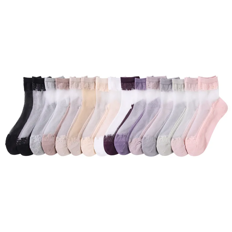 

10pairs/Fashion Crystal Spring and Summer Japanese Cotton Stockings Mid-tube Jacquard Glass Silk Women's Socks