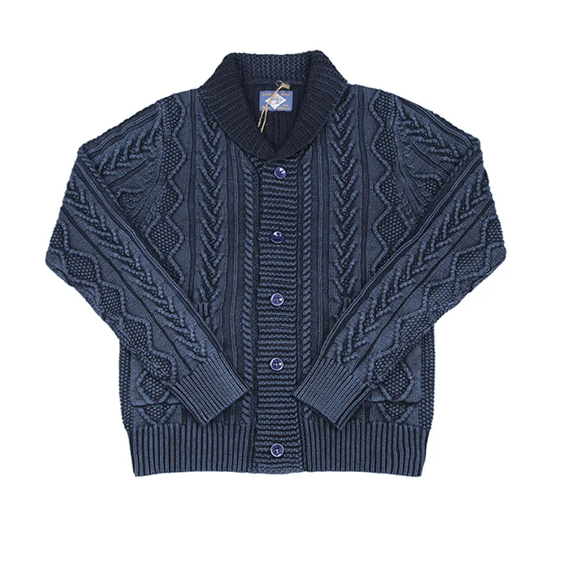 

BOB DONG Vintage Shawl Collar Indigo Cotton Cardigan Jacquard Pattern Sweater For Men Amekaji Retro Heavyweight sweater
